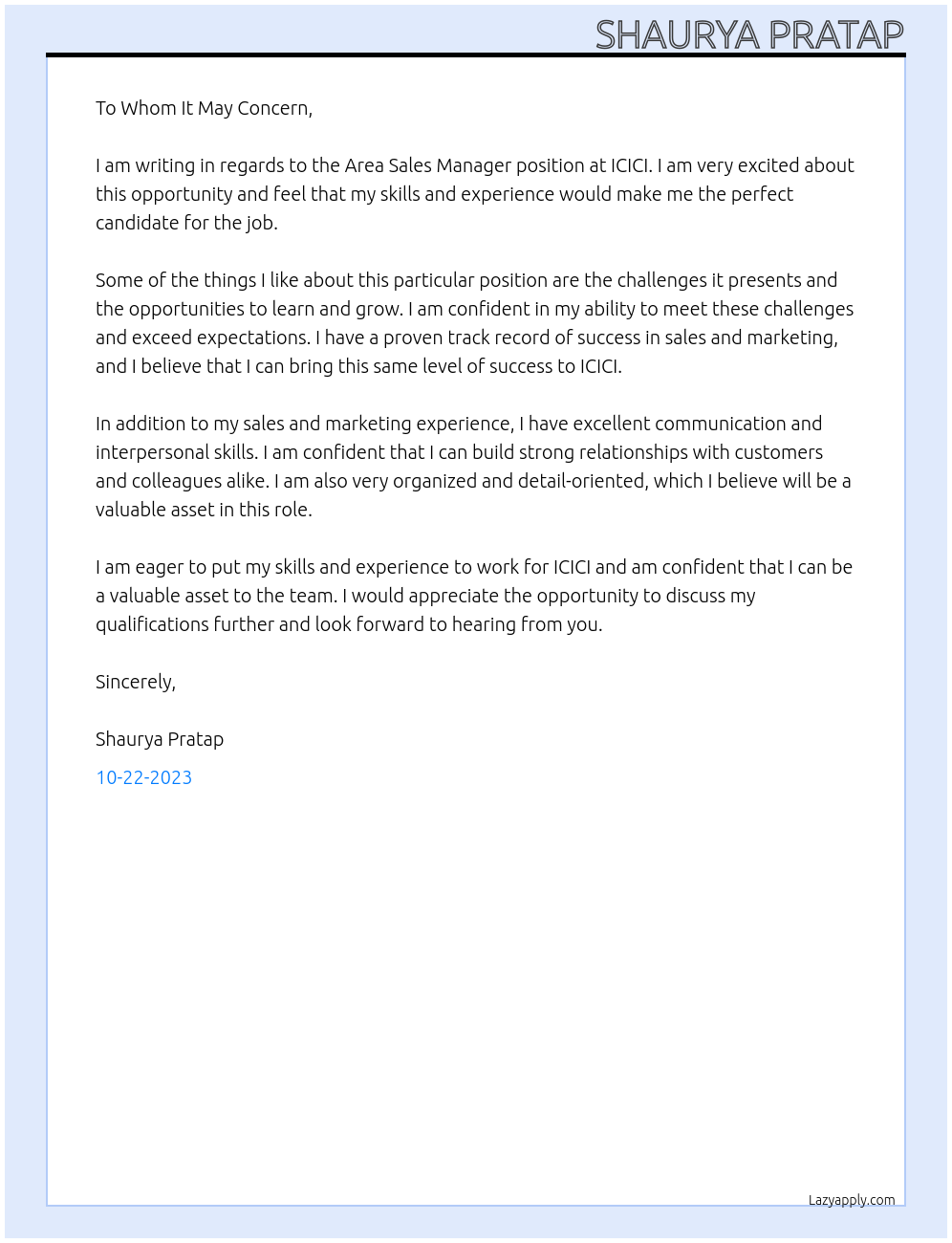 Area sales manager At ICICI Cover Letter