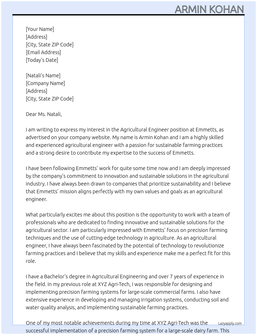 agricultural engineer At emmetts Cover Letter