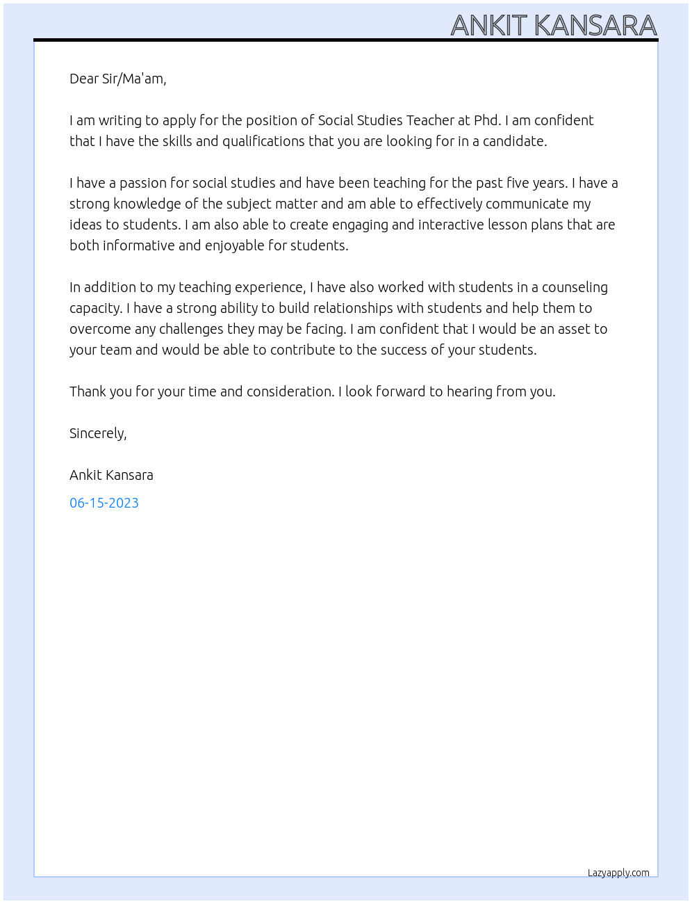 Social Studies Teacher At Phd. Cover Letter