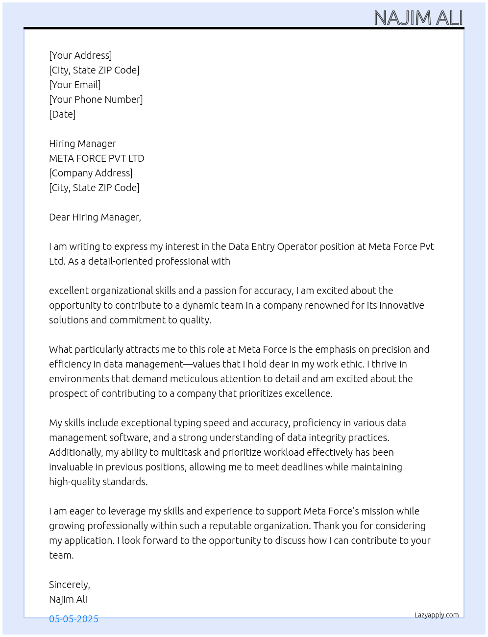 DATA ENTRY OPERATOR  At META FORCE PVT LTD Cover Letter