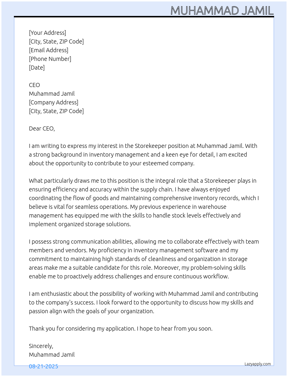 Storekeeper  At Muhammad jamil  Cover Letter