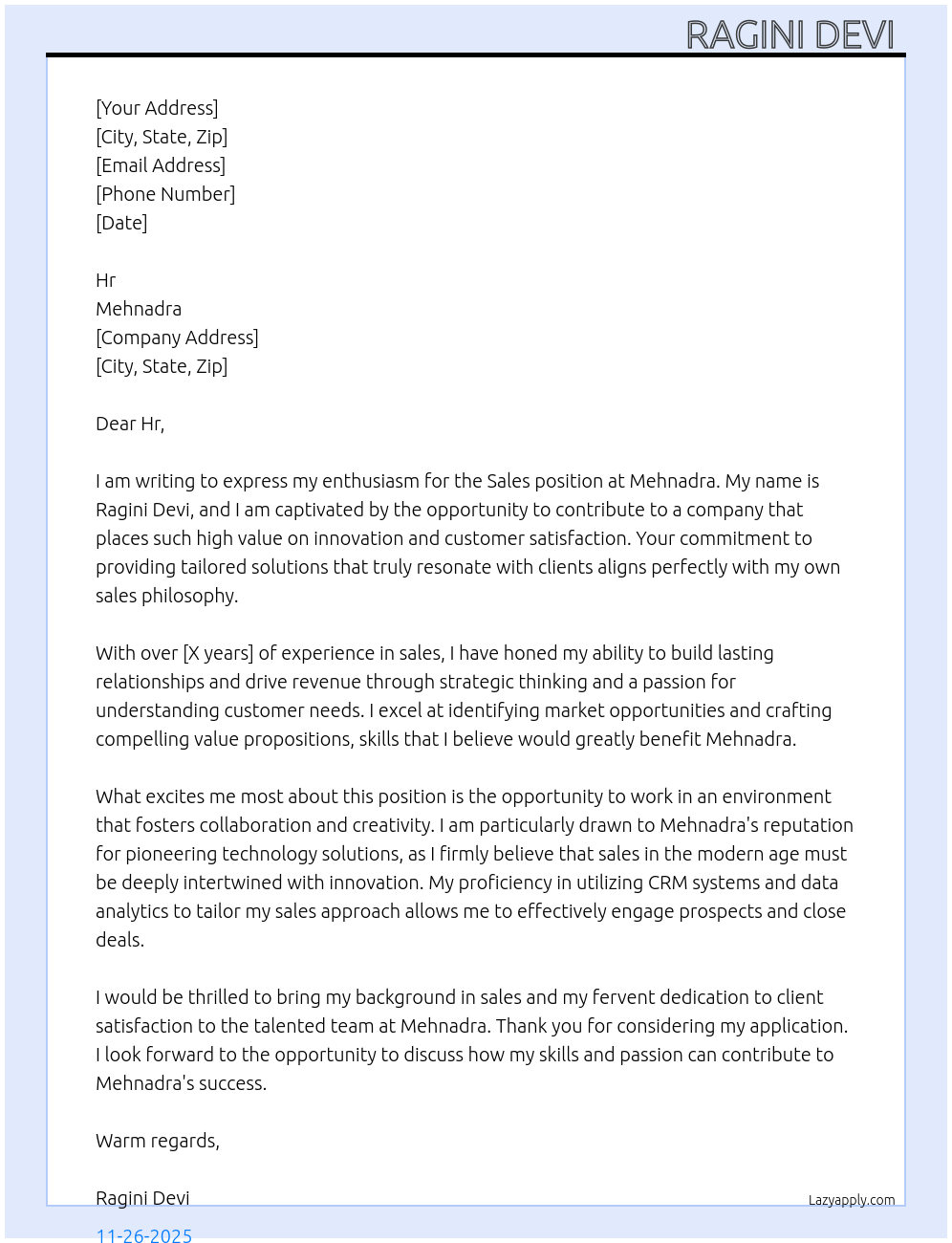 Sales  At Mehnadra Cover Letter