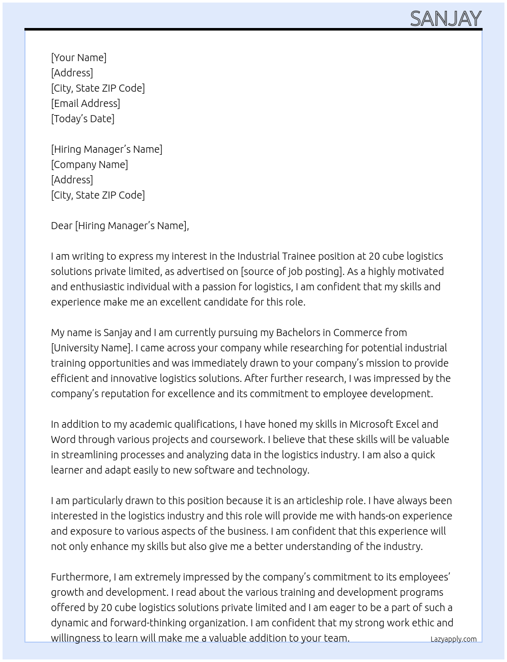 Industrial Trainee At 20 cube logistics solutions private limited Cover Letter