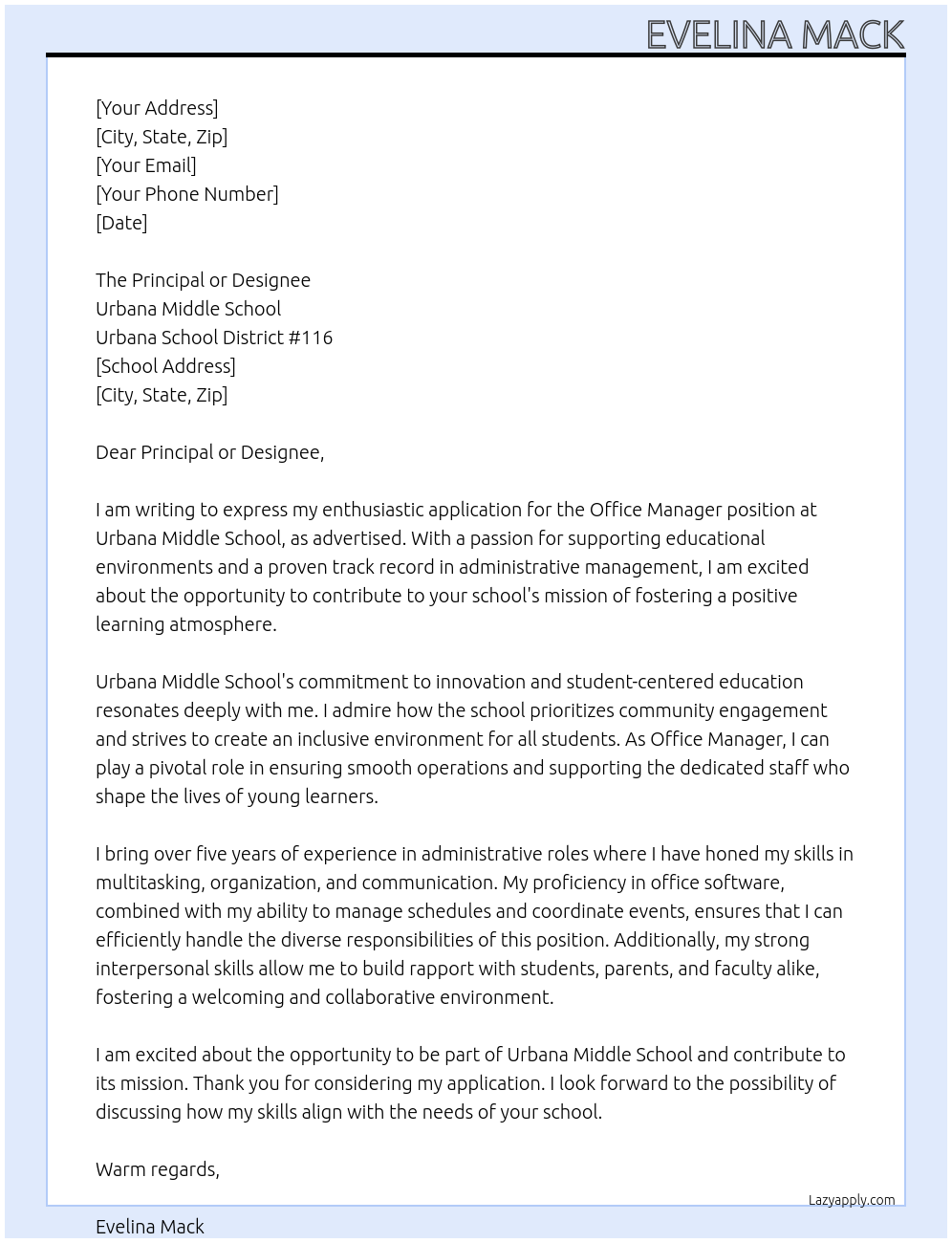 Office Manager At Urbana Middle School, Urbana School District #116 Cover Letter