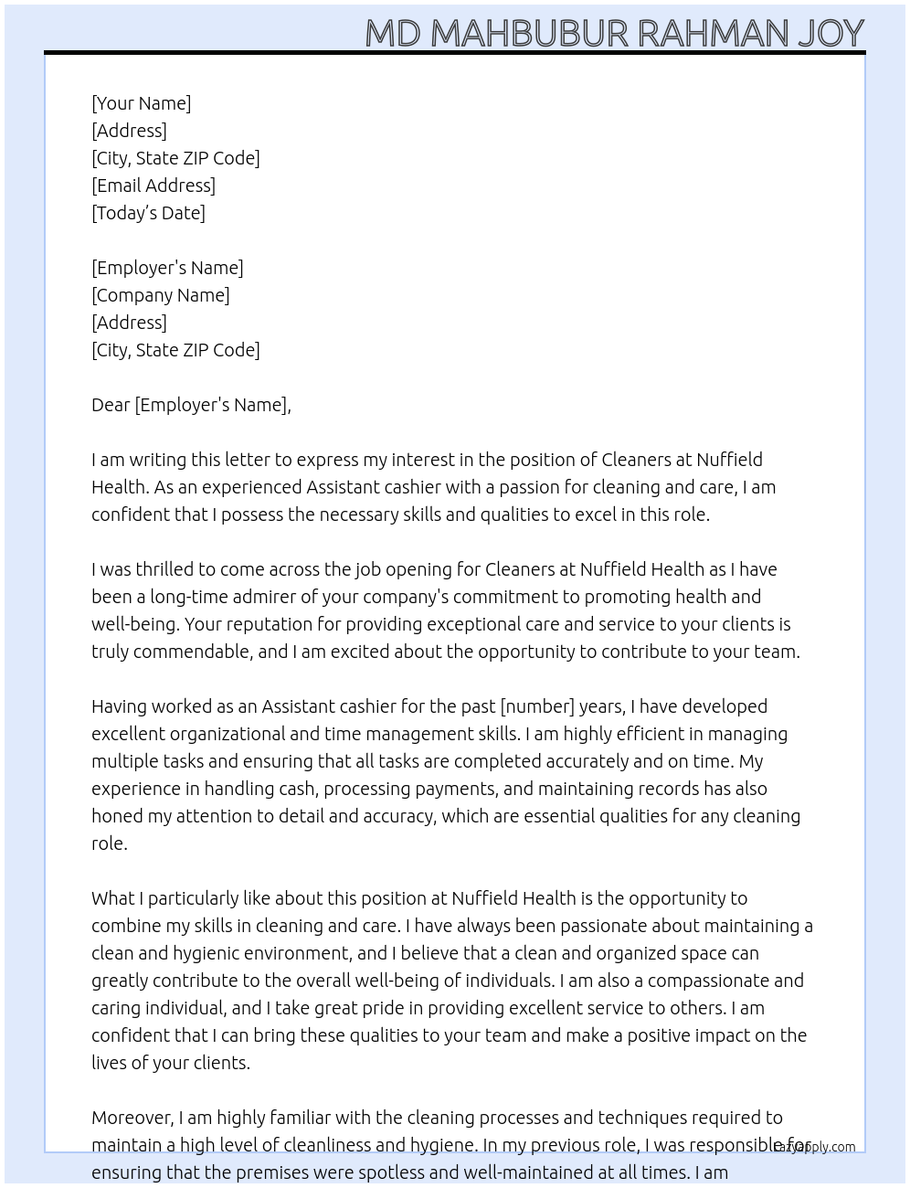 Cleaners  At nuffield health Cover Letter