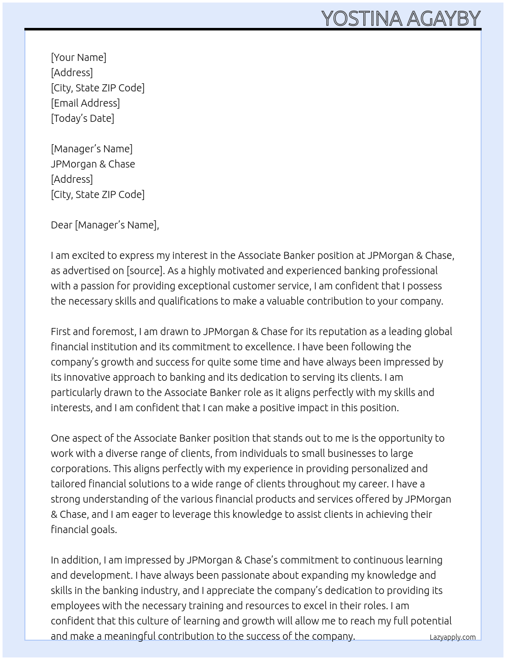 Associate Banker At JPMorgan & Chase Cover Letter