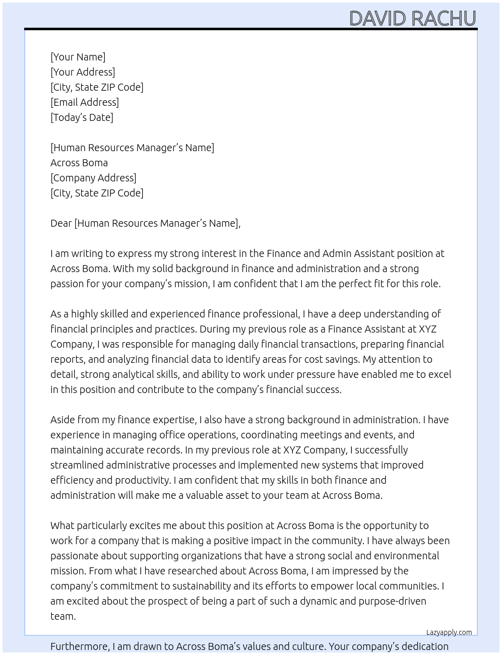 Finance and admin assistant At Across Boma Cover Letter