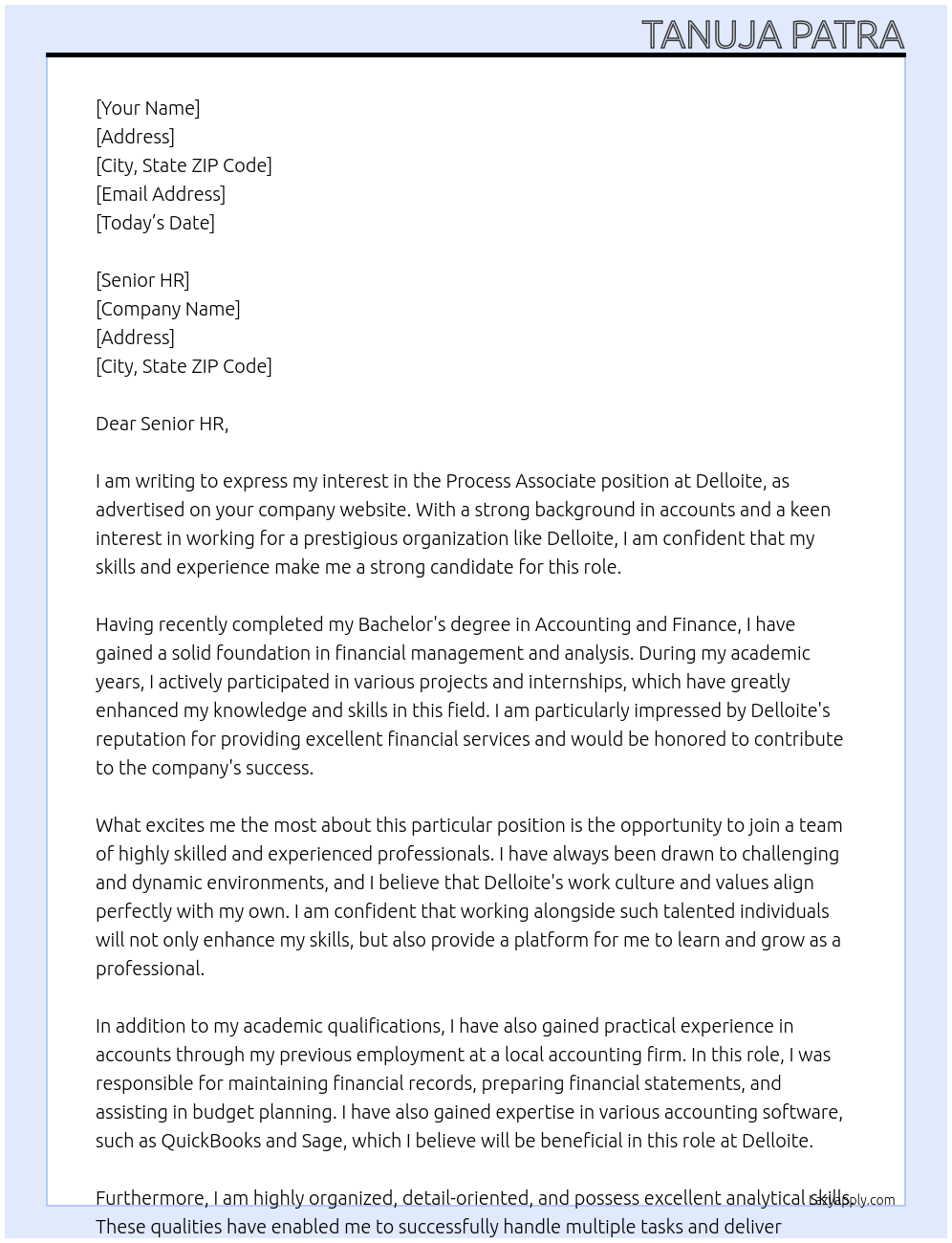 Process Associate At Delloite Cover Letter