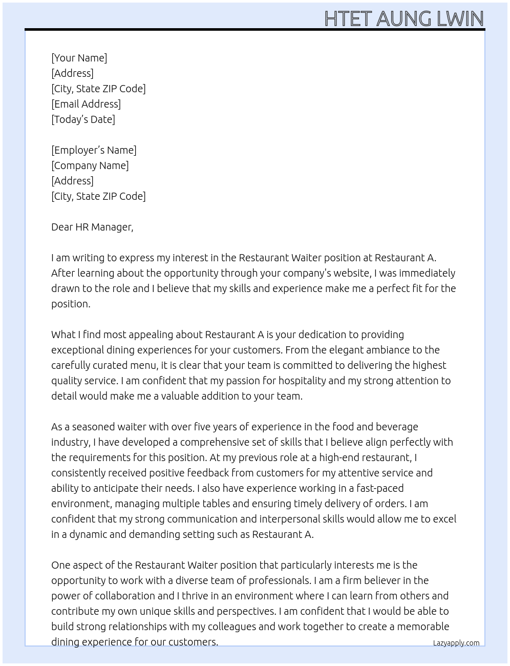 Restaurant Waiter At Restaurant A Cover Letter