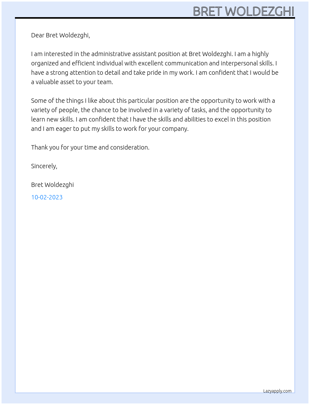 adminstrative assistant At Bret Woldezghi Cover Letter