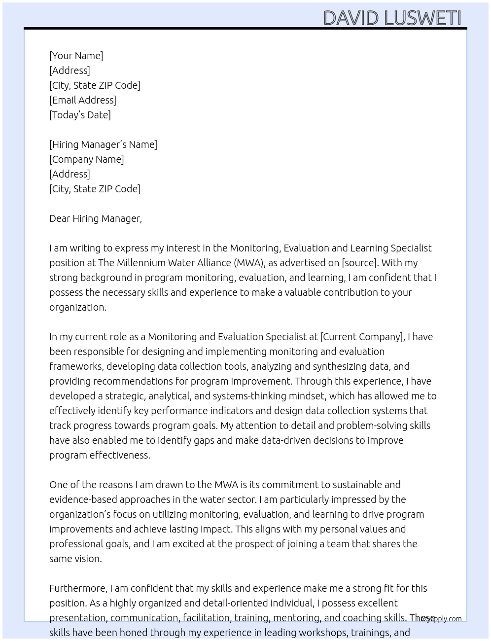 Monitoring, Evaluation and Learning Specialist At The Millennium Water Alliance (MWA) Cover Letter