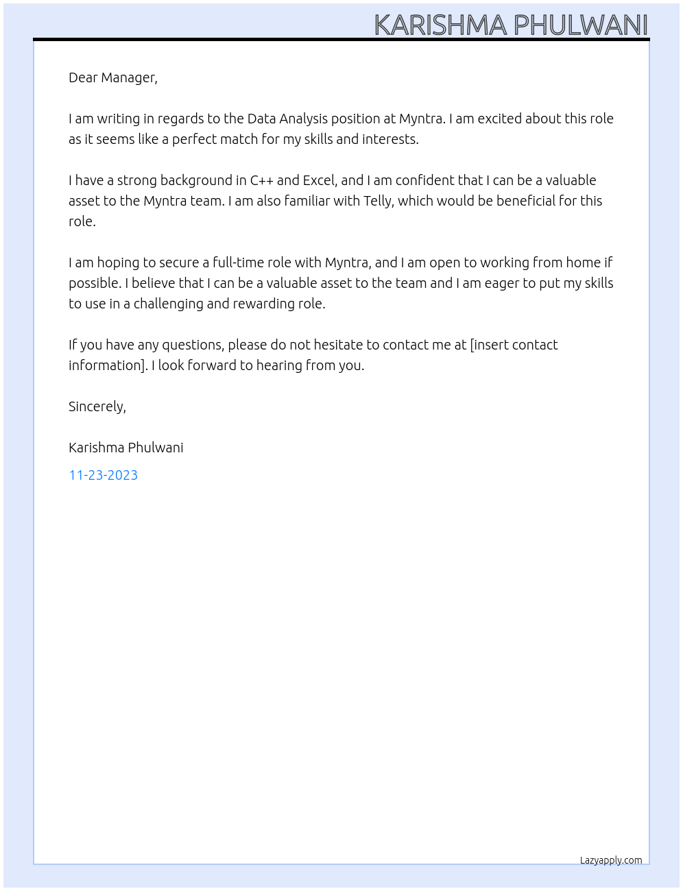 Data analysis At Myntra Cover Letter
