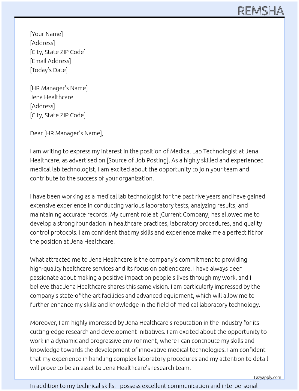 medical lab technologist At jena Cover Letter