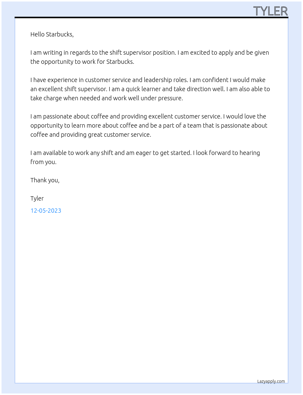Shift Supervisor At Starbucks Cover Letter