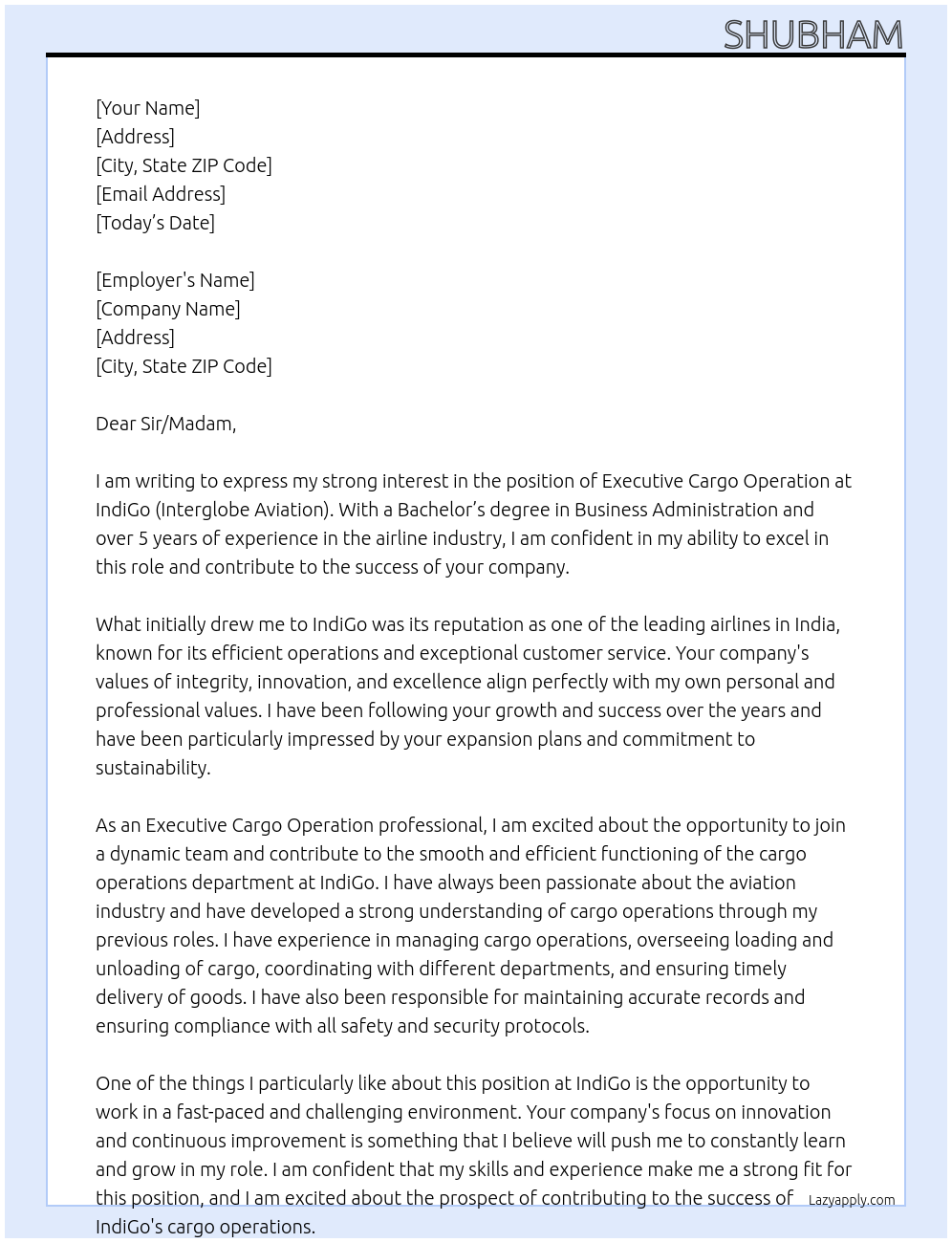 Executive cargo operation At Indiogo (interglobe aviation) Cover Letter