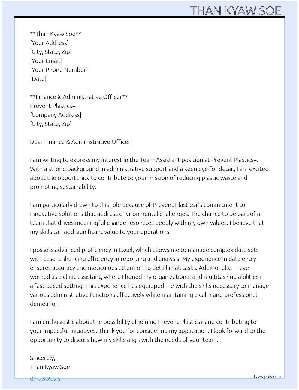 Team Assistant At Prevent Plastics+ Cover Letter