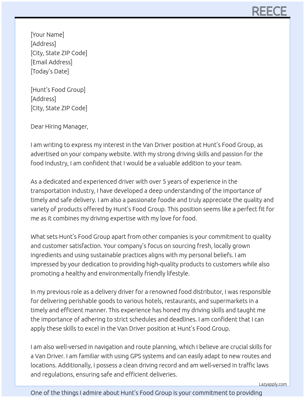Van Driver At Hunt’s Food Group Cover Letter