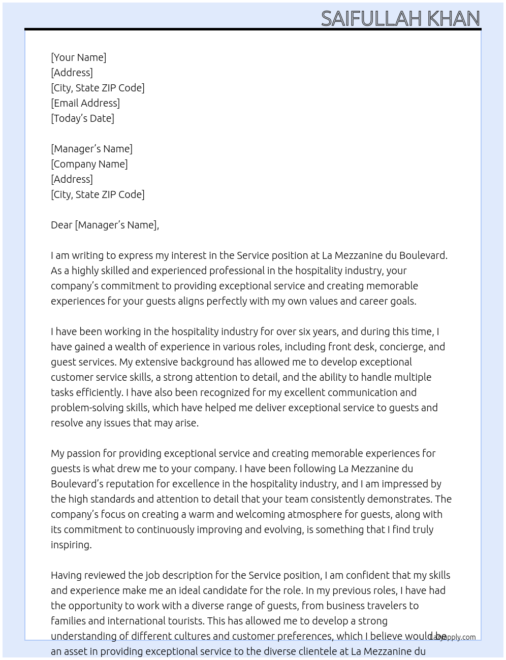 Service At La Mezzanine du Boulevard Cover Letter