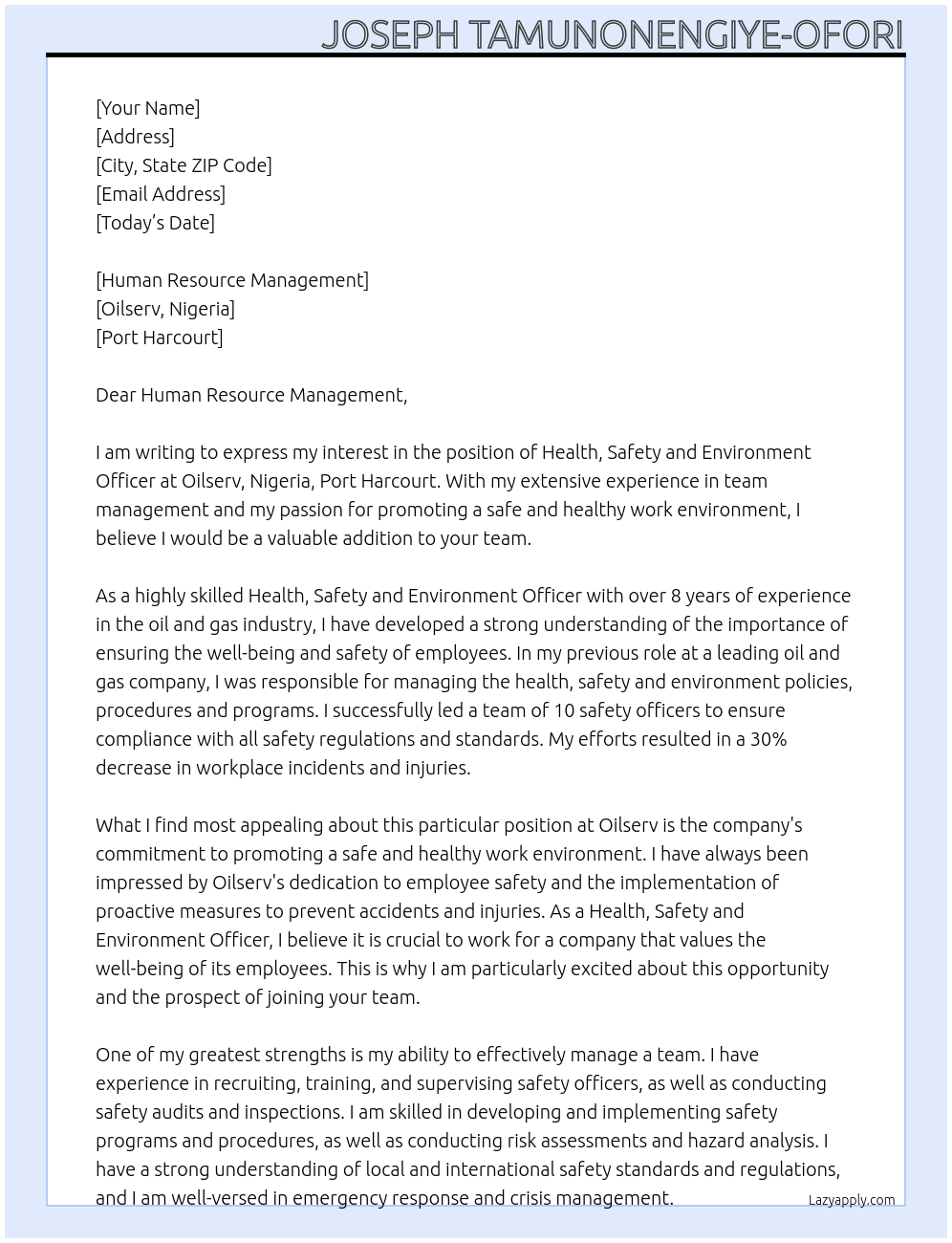 Health, safety and environment officer  At Oilserv, Nigeria, port Harcourt Cover Letter