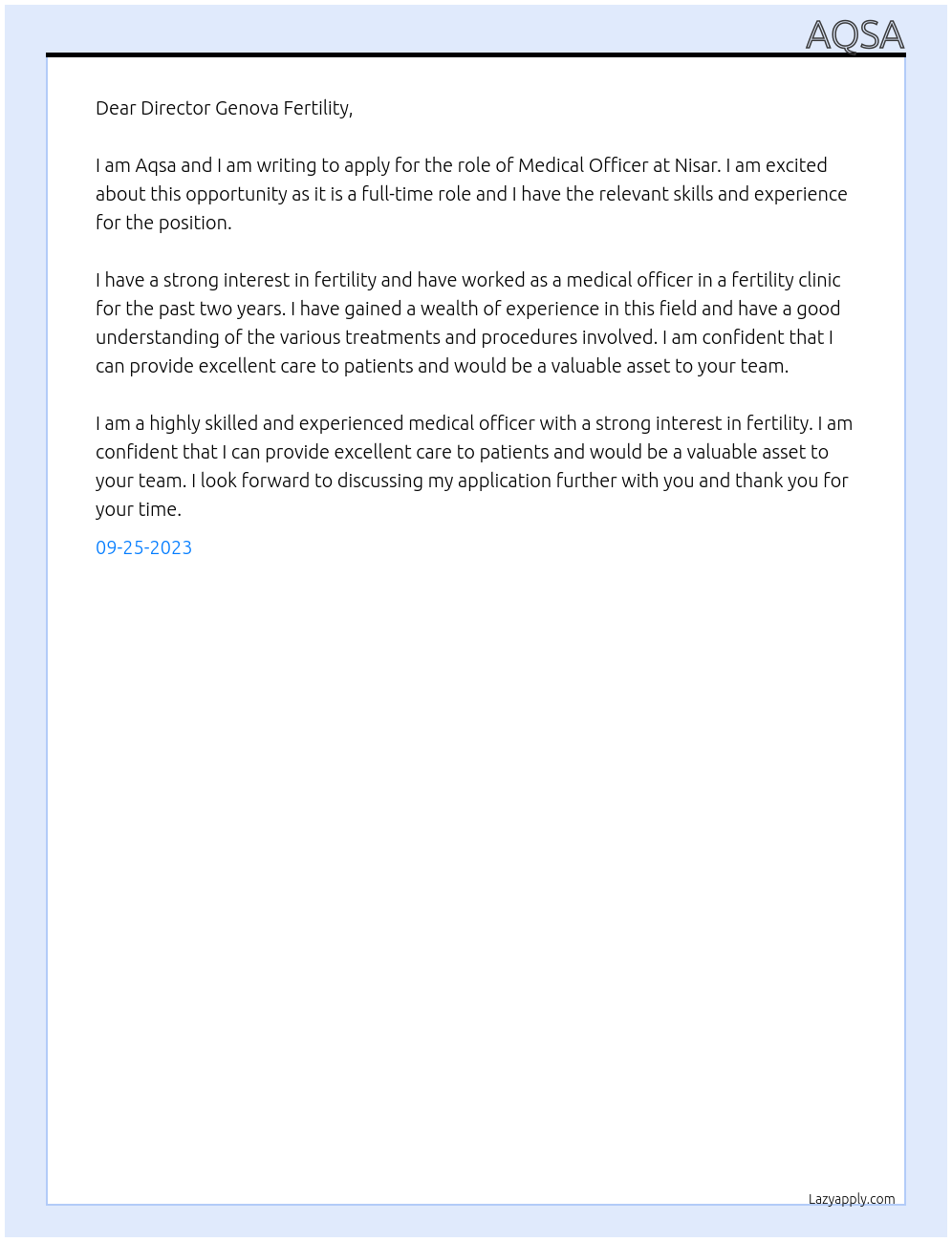 Medical Officer At Nisar Cover Letter