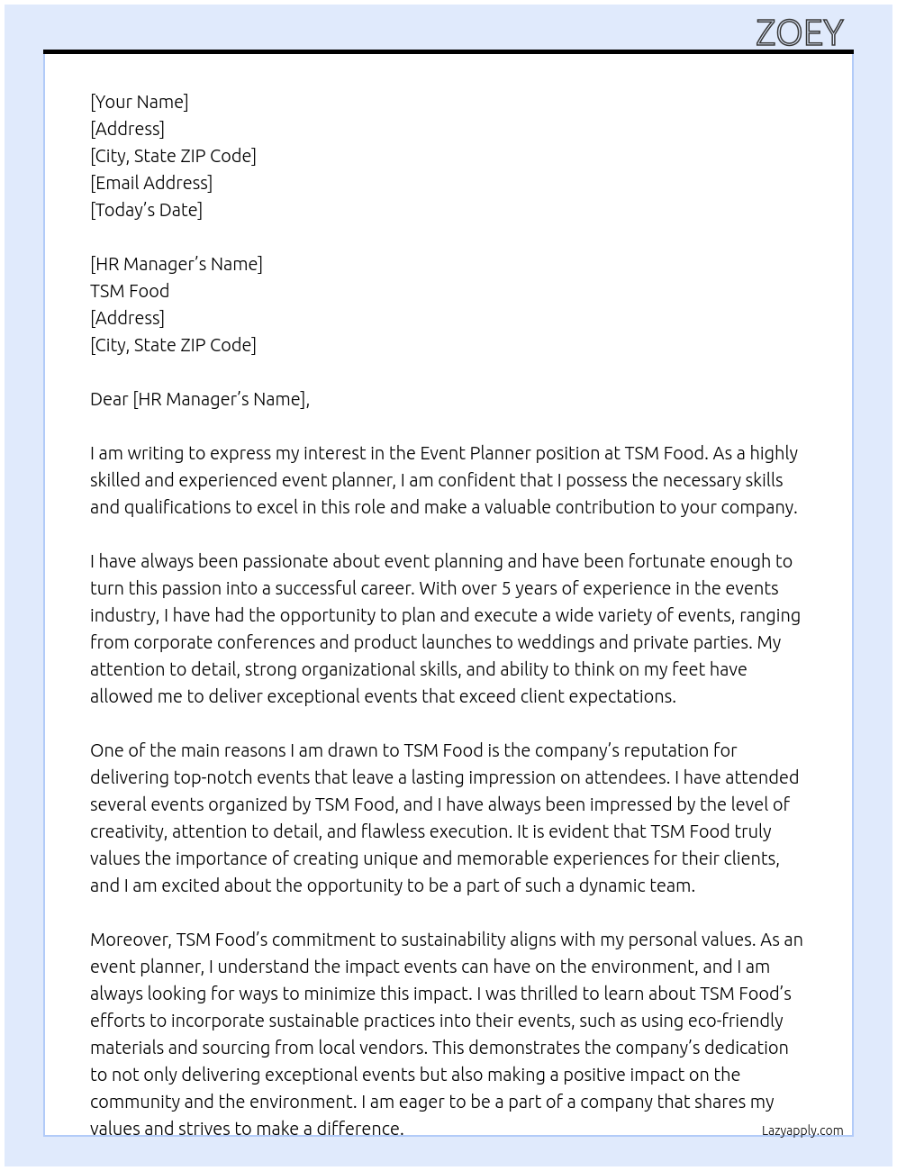 event planner At TSM food Cover Letter