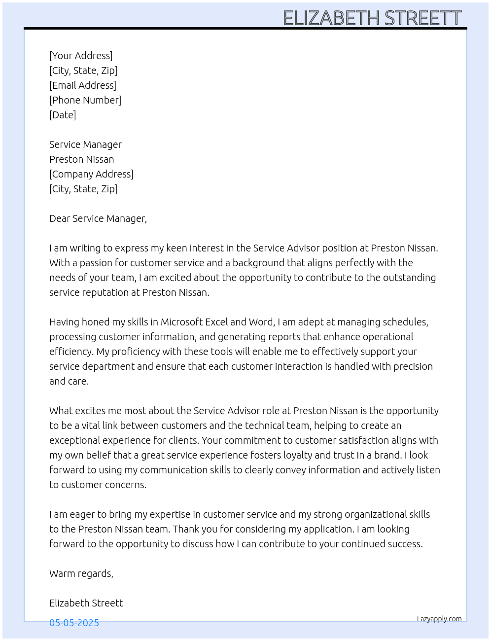 Service Advisor  At Preston Nissan  Cover Letter