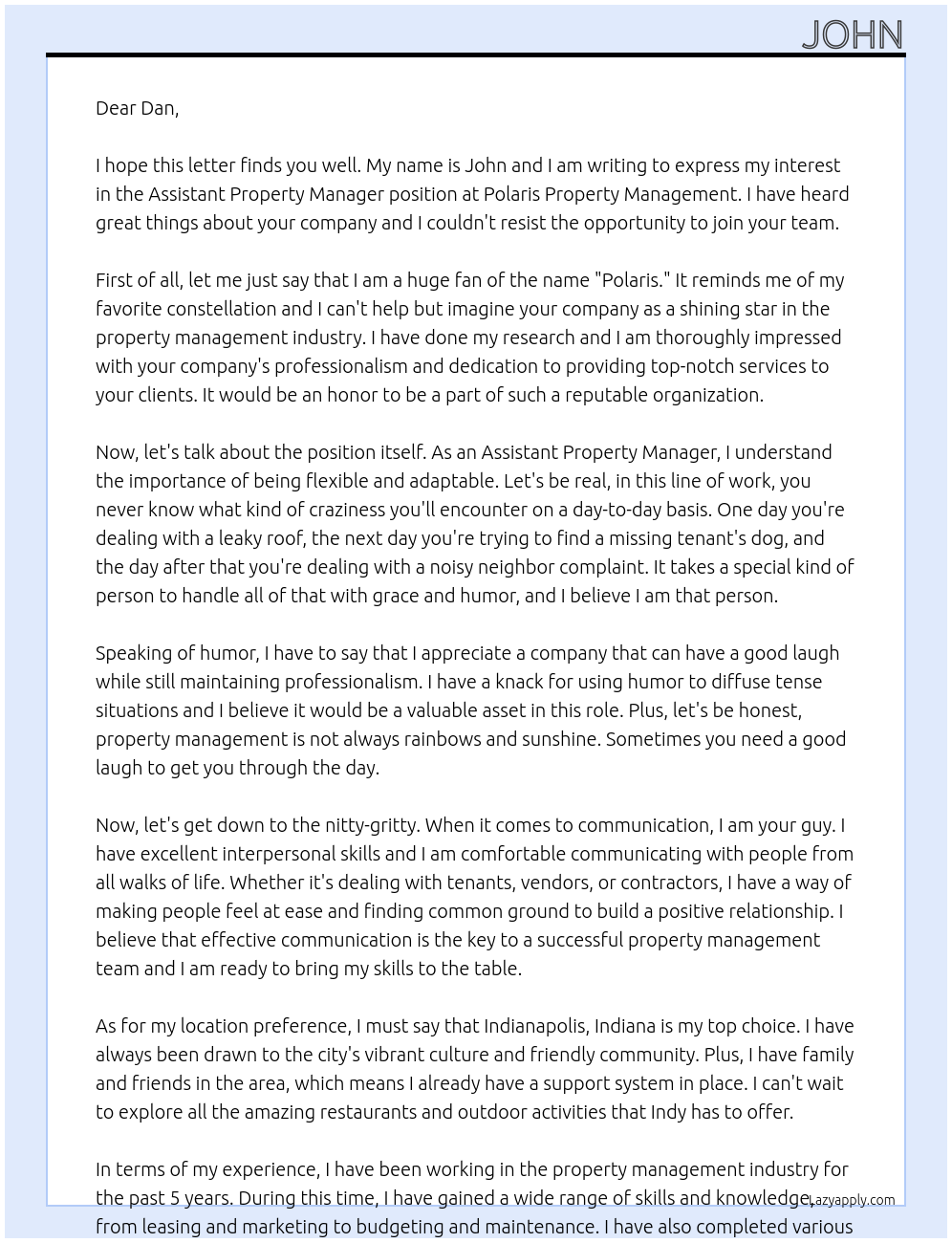 Assistant Property Manager At Polaris Property Management Cover Letter