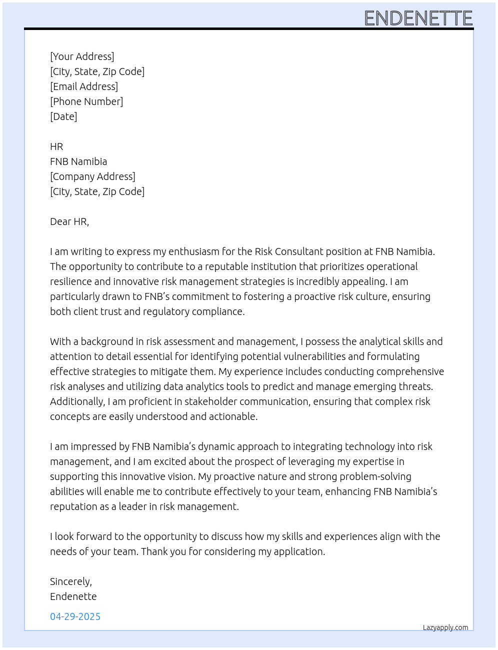 Risk Consultant At FNB Namibia  Cover Letter