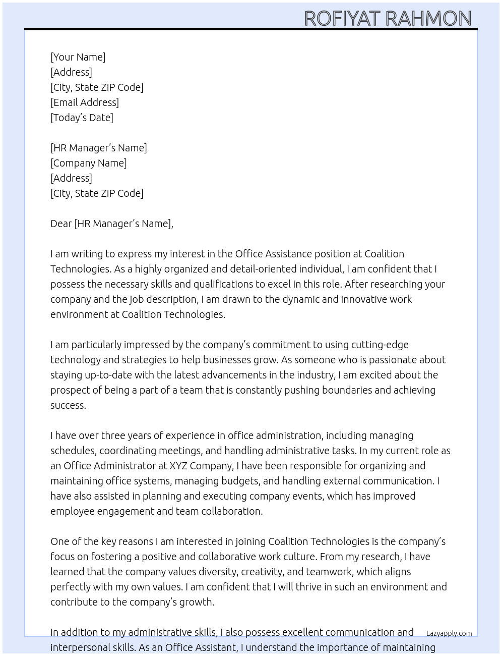 Office assistance  At Coalition technologies  Cover Letter