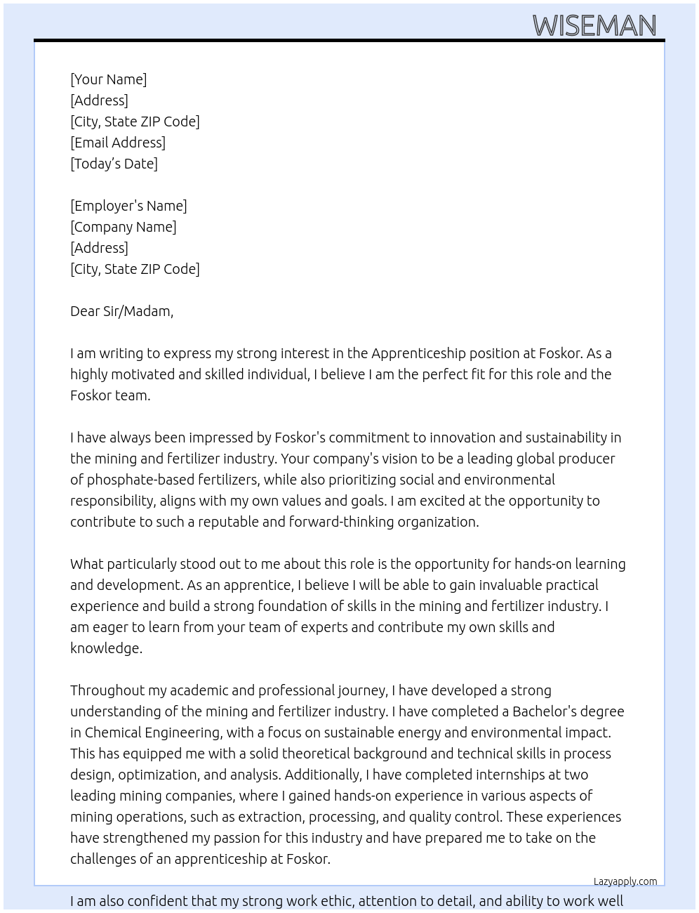 Apprenticeship At Foskor Cover Letter