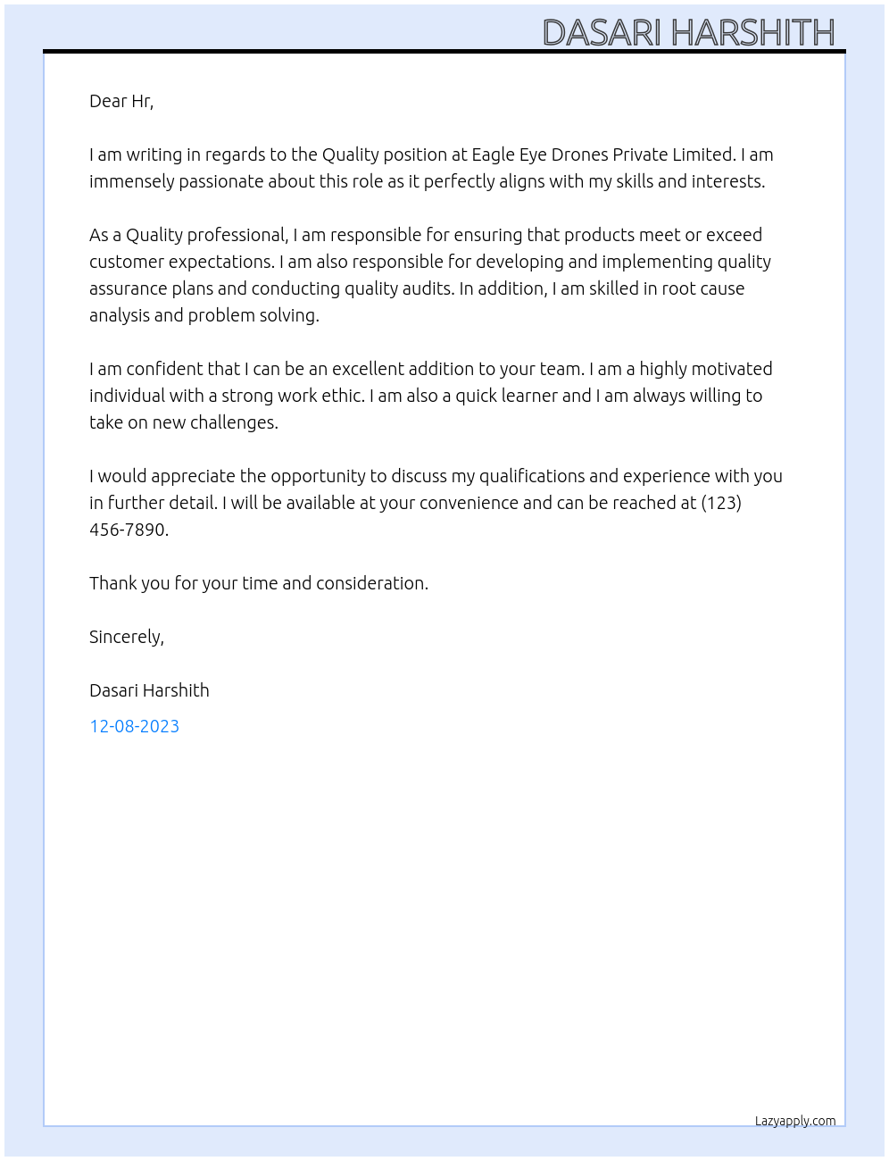 Quality  At Eagle Eye Drones Private Limited Cover Letter