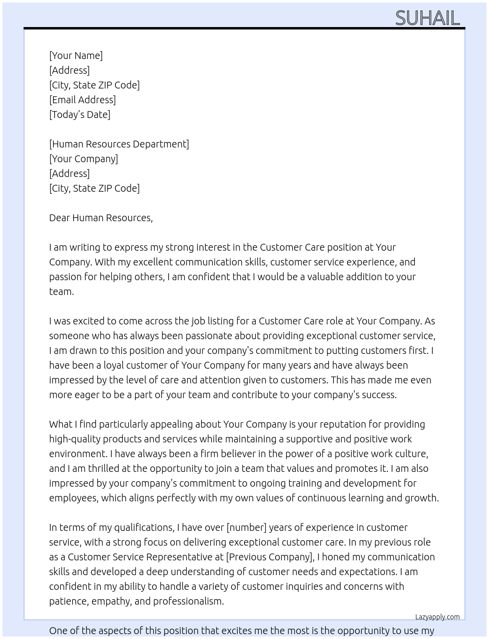 Customer care  At Your company  Cover Letter