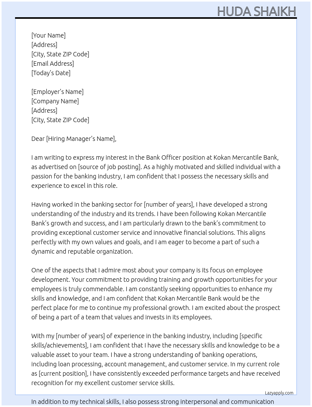 Bank officer At Kokan mercantile bank Cover Letter