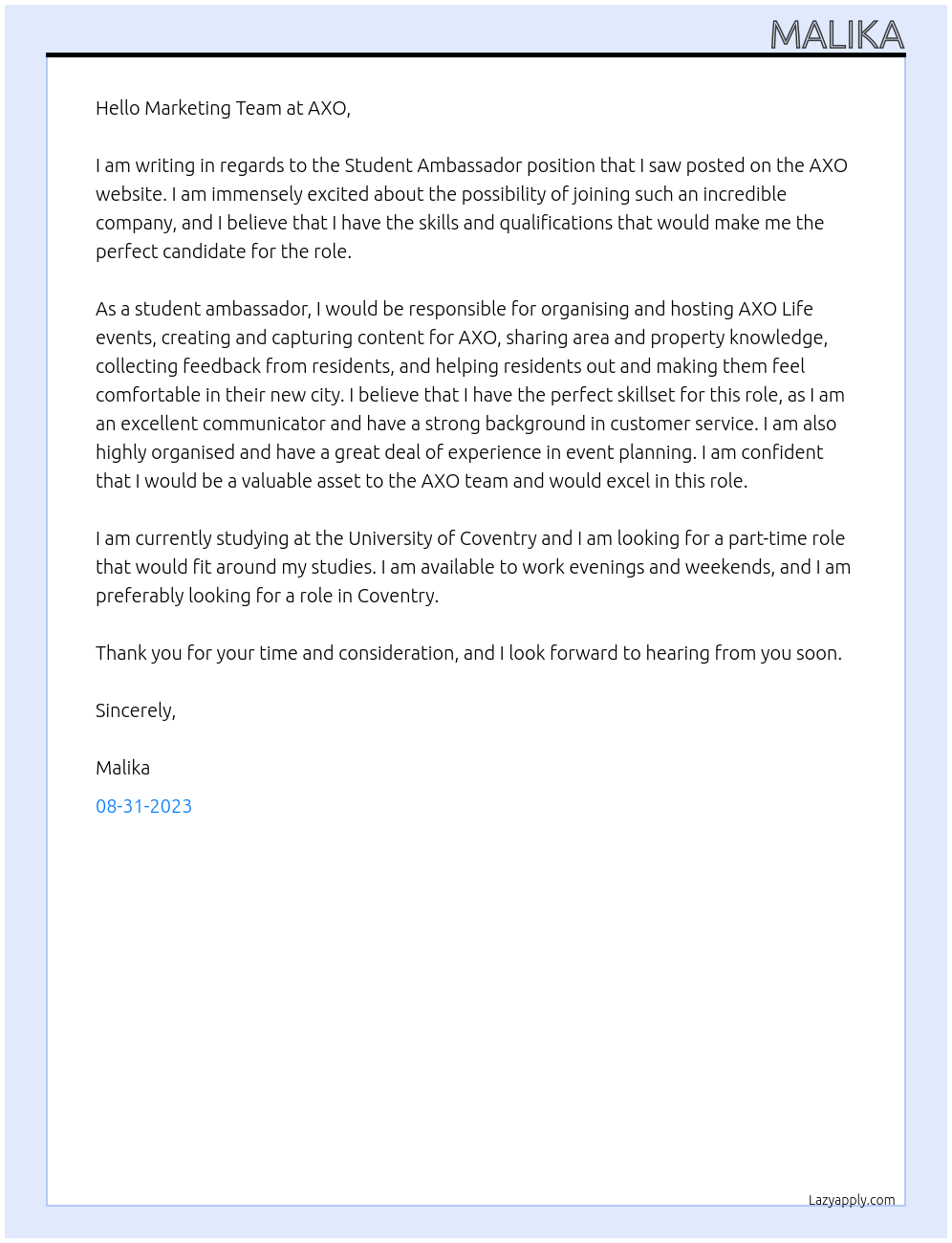 Student Ambassador At AXO Cover Letter