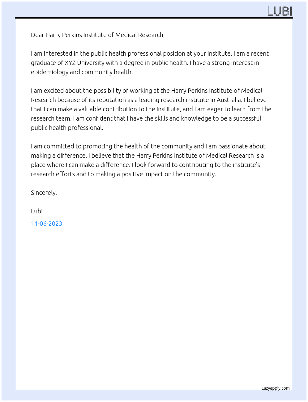 Public health professional  At Harry Perkins Institute of Medical Research Cover Letter