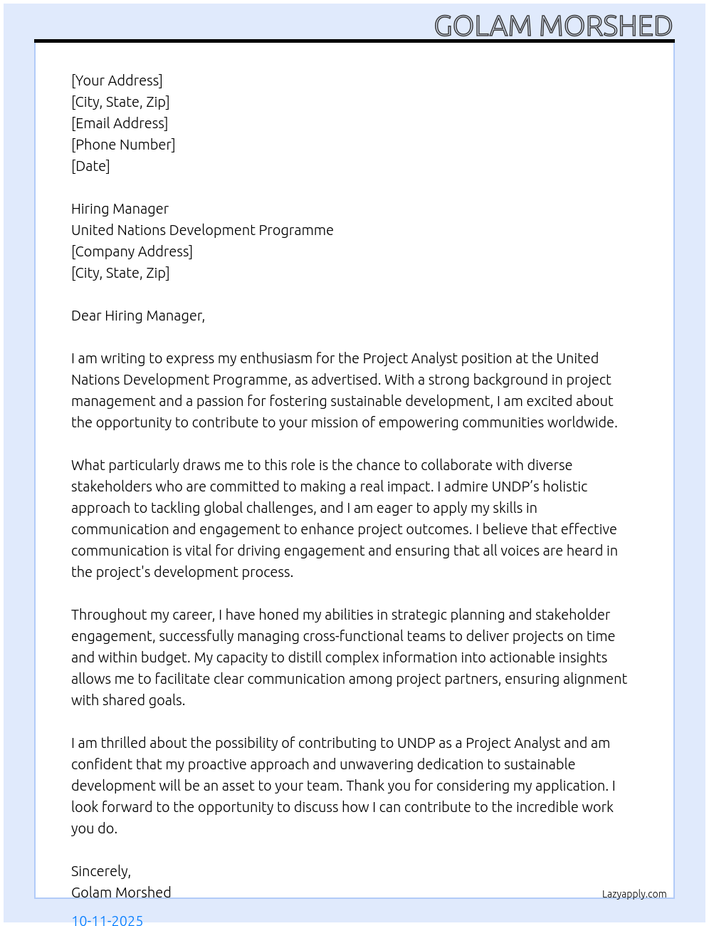 Cover letter for project analyst - LazyApply