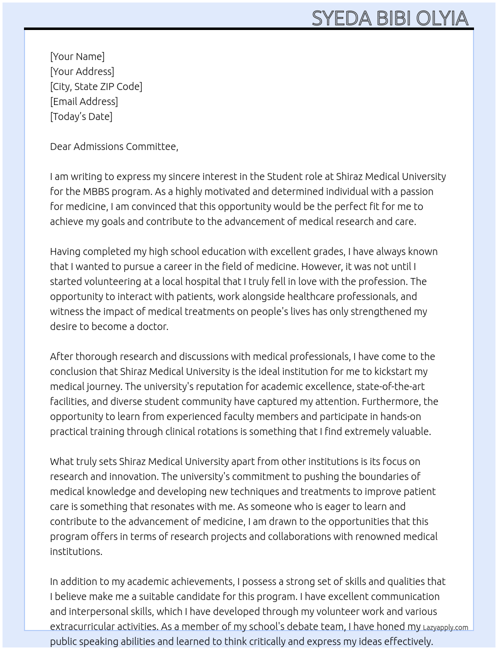 Mbbs At Shiraz medical university  Cover Letter
