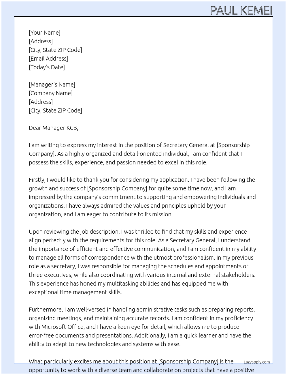 Secretary General At sponsership Cover Letter