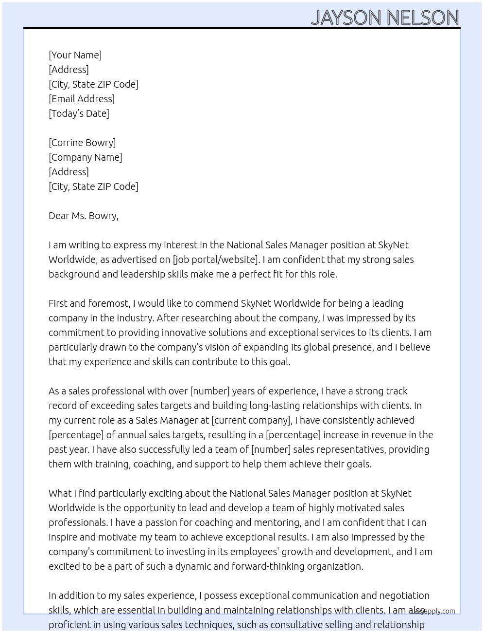National Sales Manager At SkyNet Worldwide Cover Letter