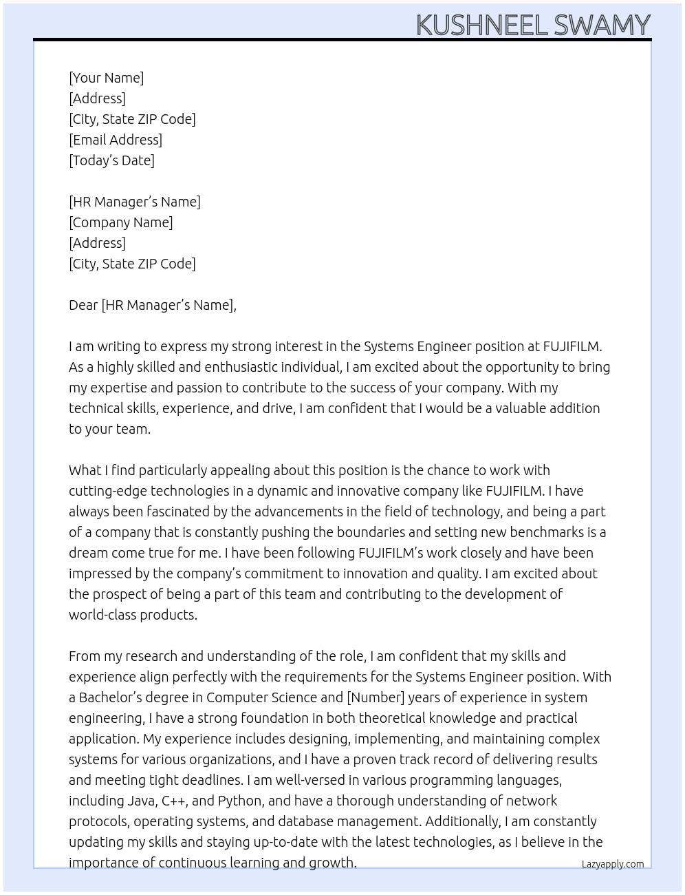 Systems Engineer At FUJIFILM Cover Letter