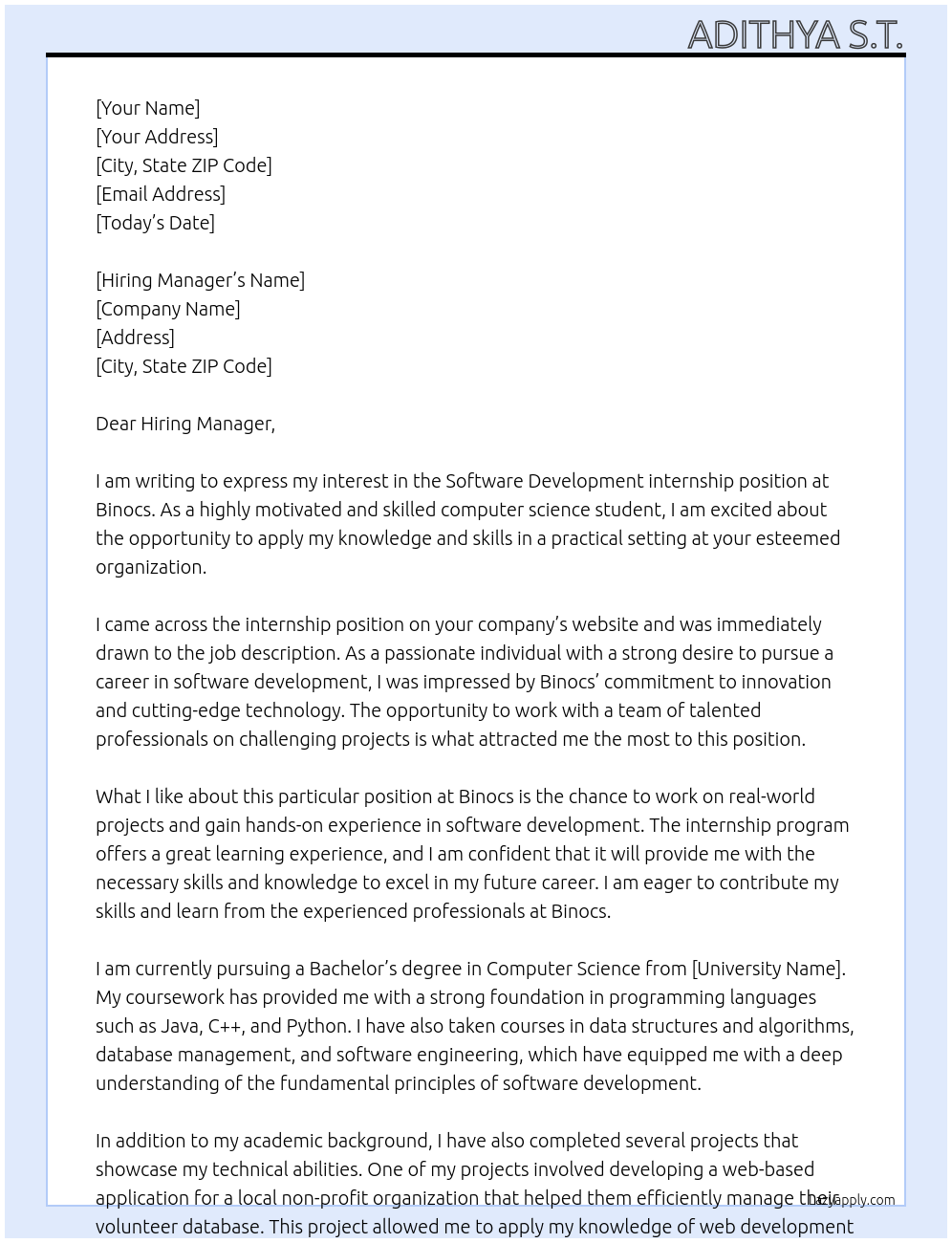 Software Development internship At Binocs Cover Letter