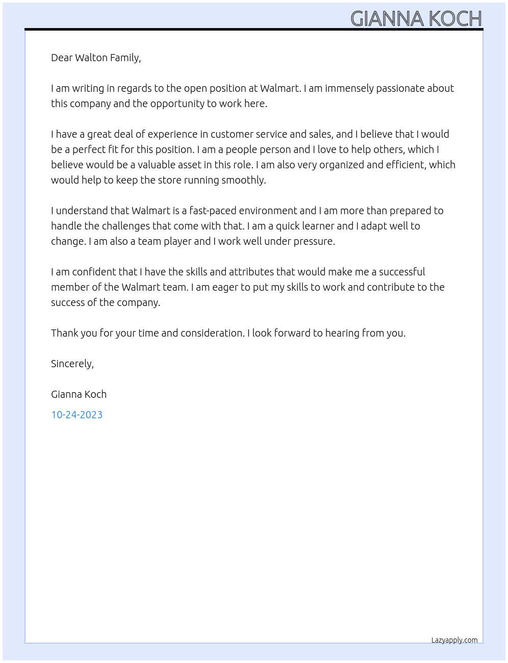 Walmart  At Walmart  Cover Letter