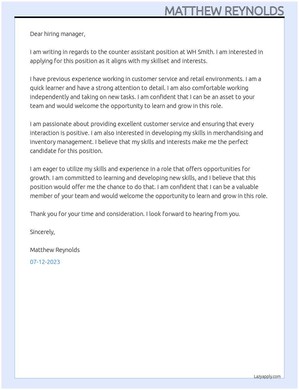 Counter Assistant At WH Smith Cover Letter