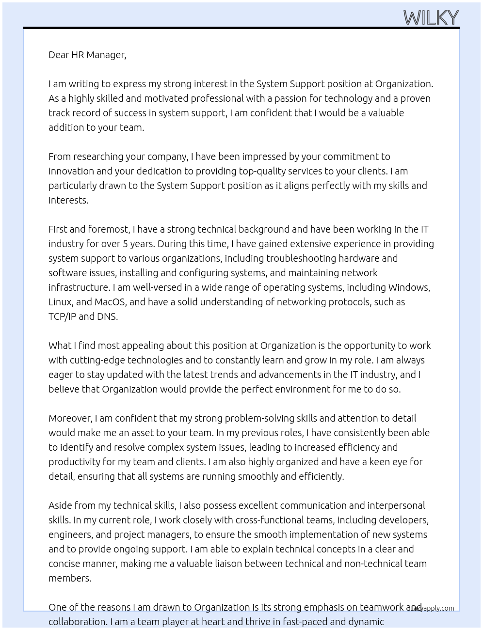 System Support At Organization Cover Letter