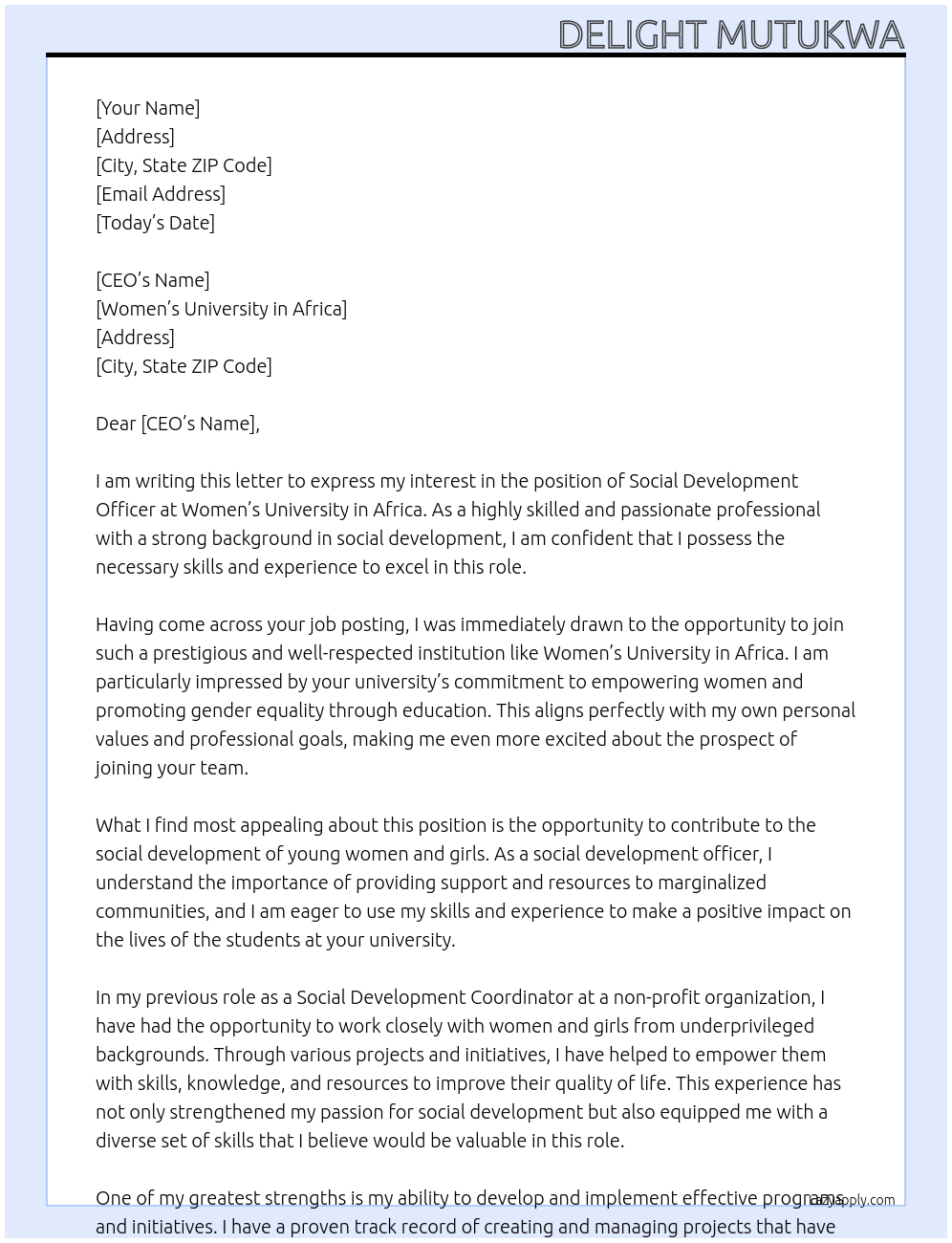 social development officer At Women's University in Africa Cover Letter