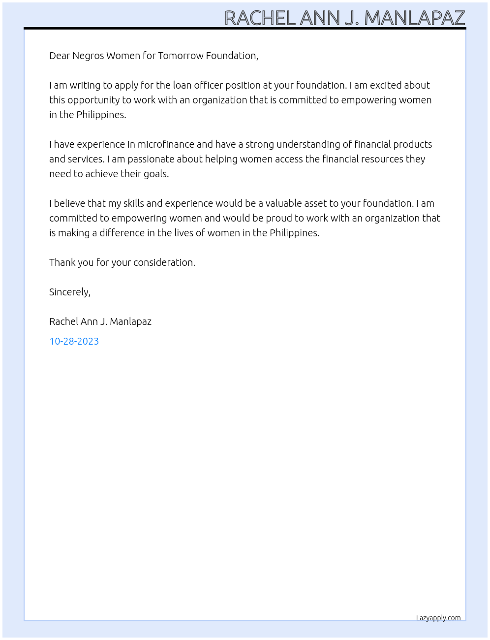 Loan officer At Negros Women for Tomorrow Foundation Cover Letter
