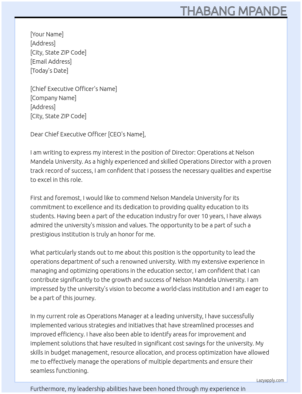 Cover letter for director: operations - LazyApply