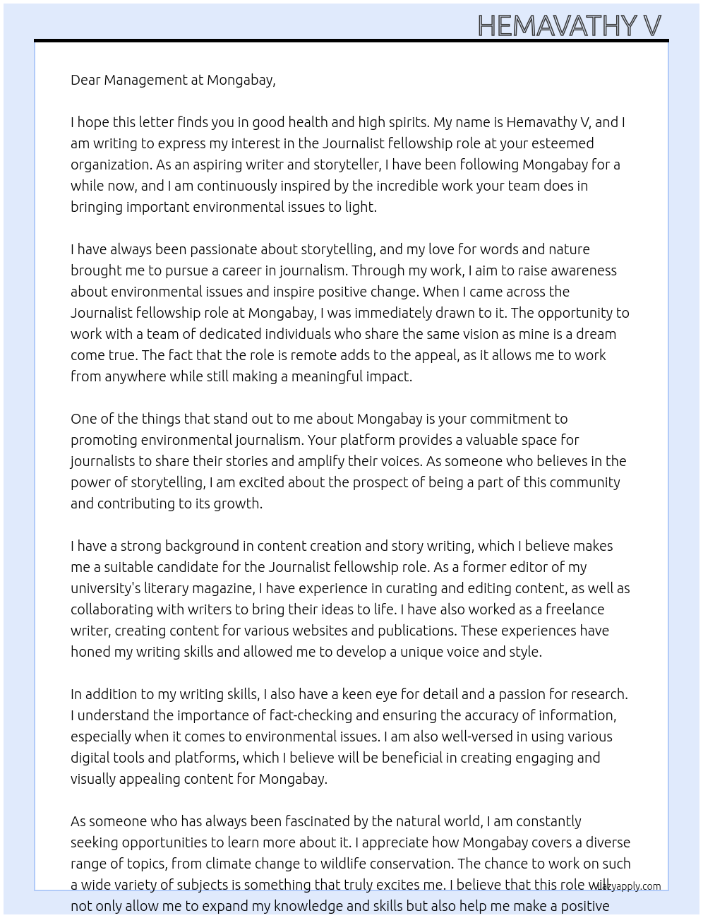 Journalist At Mongabay Cover Letter