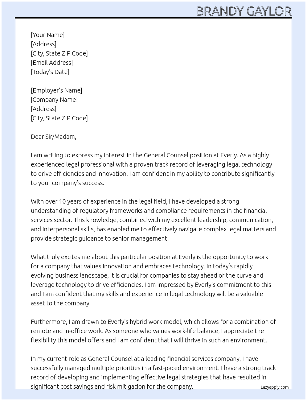 General Counsel At Everly Cover Letter
