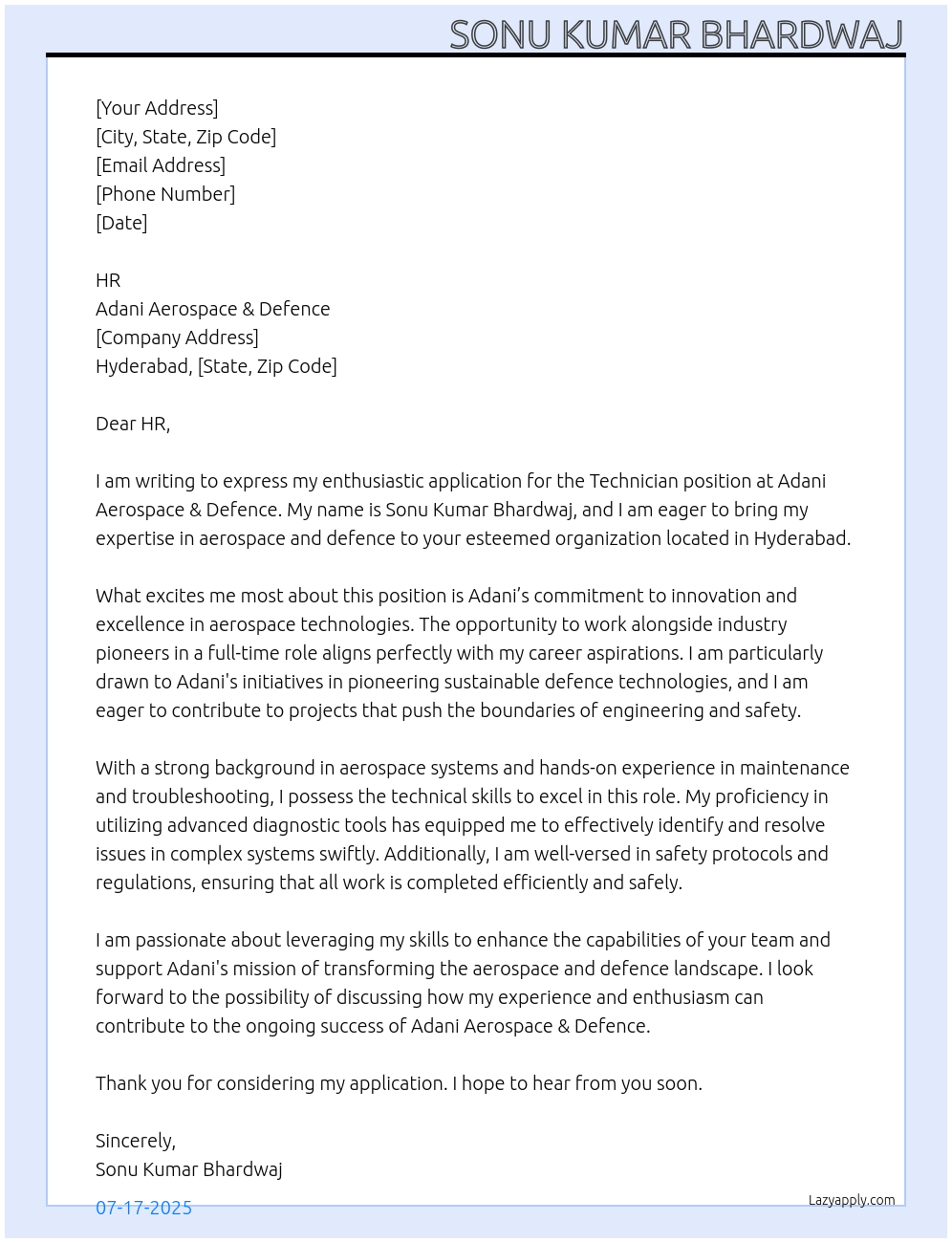Technician At Adani aerospace & defence Cover Letter